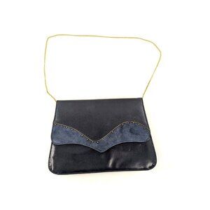 Navy Suede Leather Envelope Purse Clutch Crossbody Handbag Small Bag Gold Chain